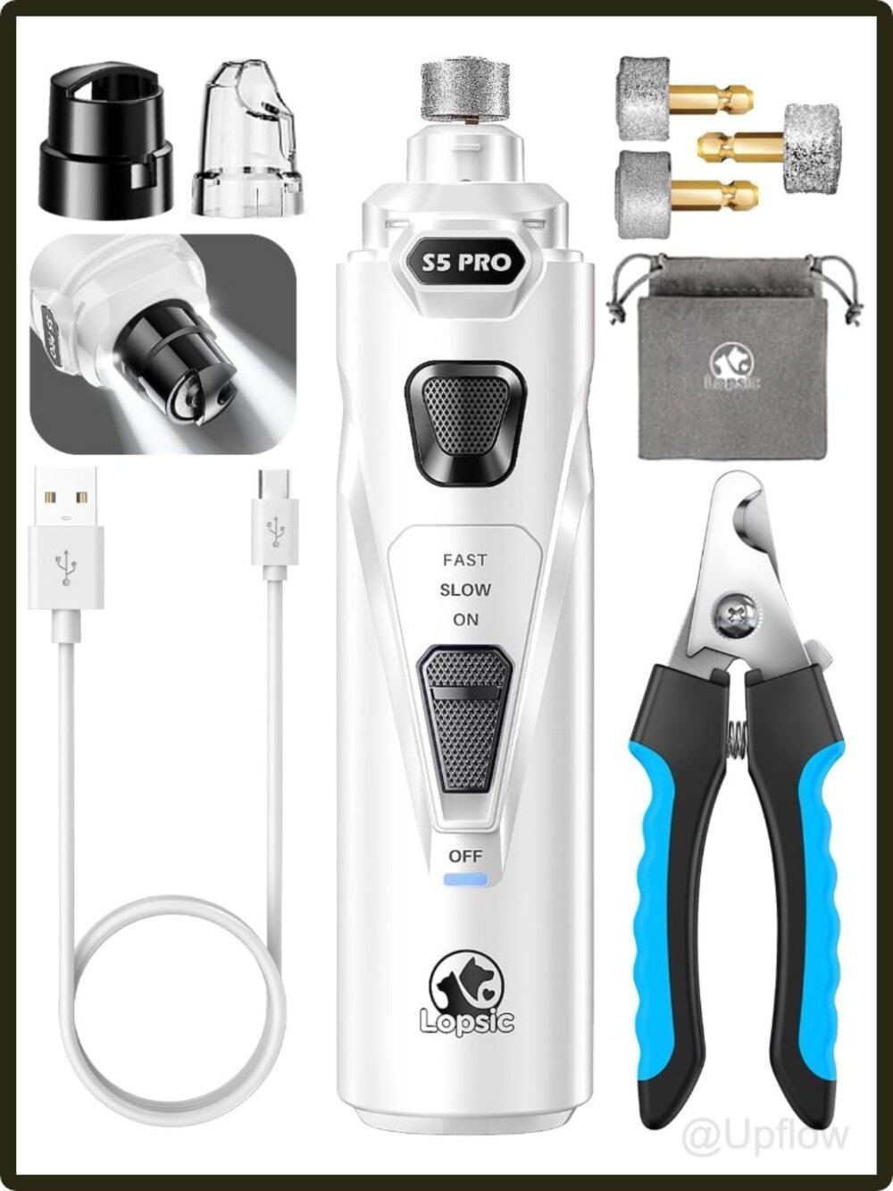 Whisper Quiet Dog Nail Grinder 3 Diamond Bits LED Light 3 Speed USB Pet Grooming
